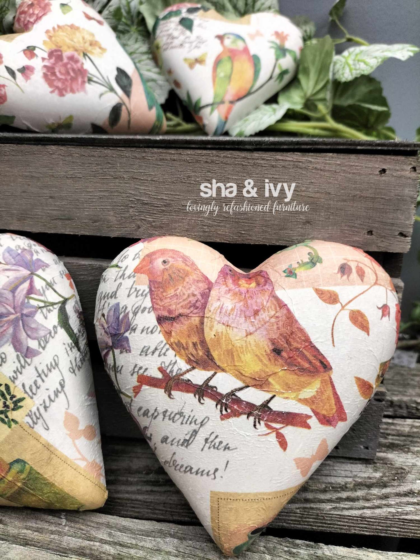 Decoupage hart - vogels en bloemen