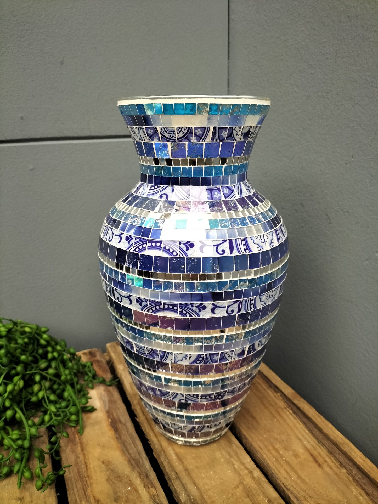 Glazen vaas - mozaïek, blauw/silver, 25cm, 28cm, 30cm