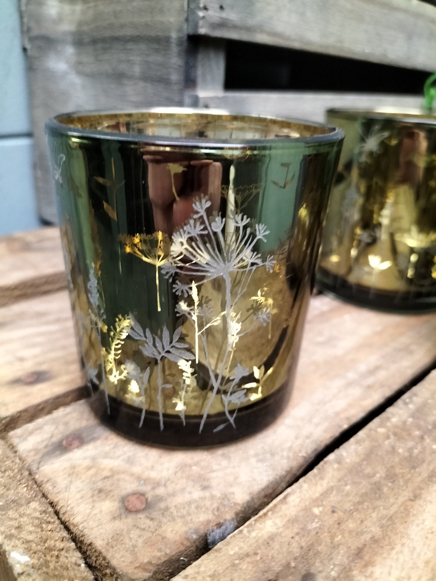 Waxinelicht houder - veldbloemen groen, 8cm