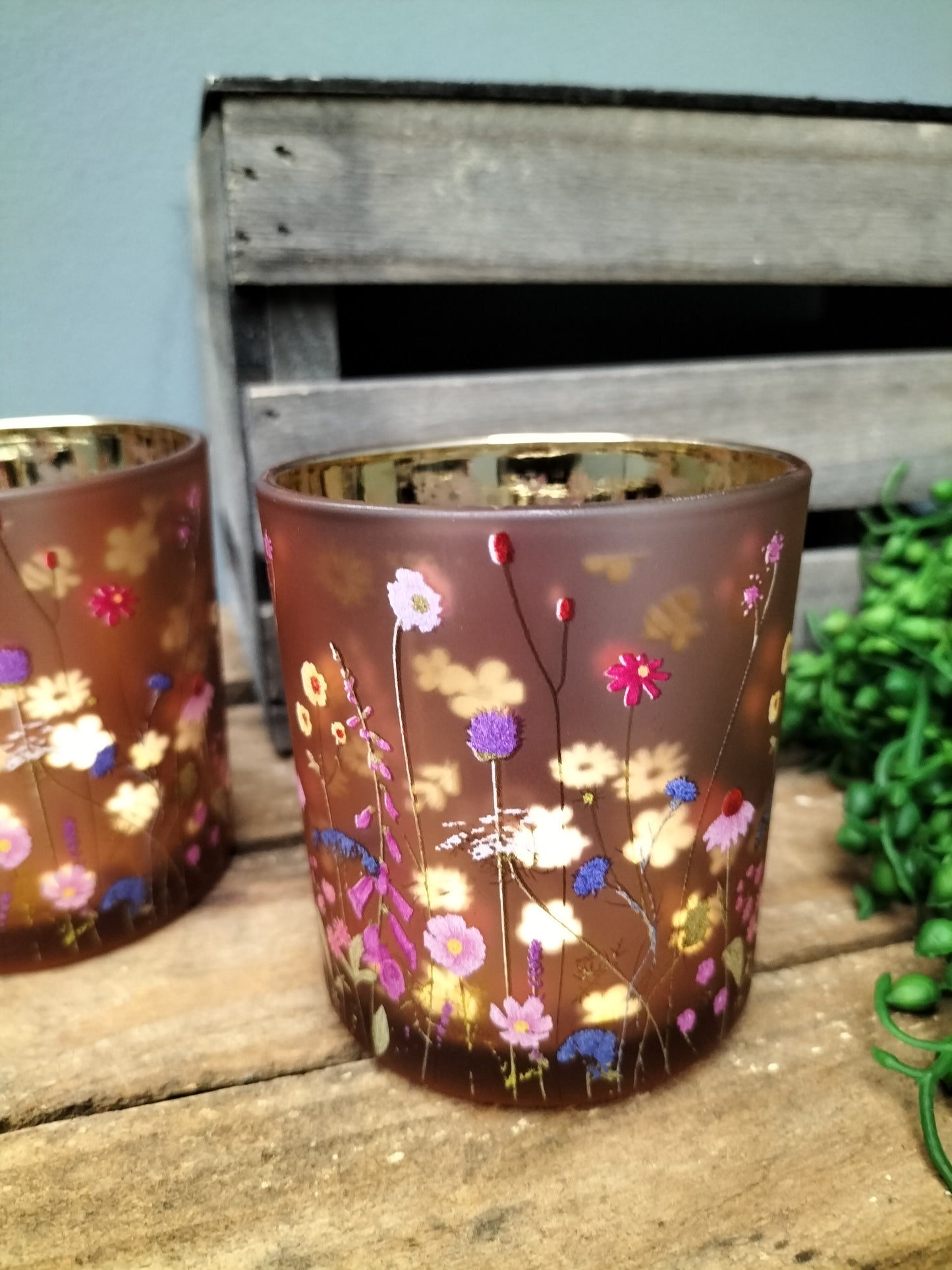 Waxinelicht houder - roze bloemen, 8cm & 12.5cm