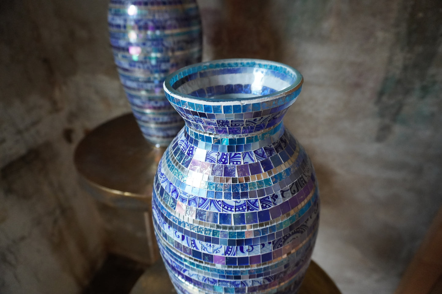 Glazen vaas, mozaïek - Blauw, 40cm x 12cm