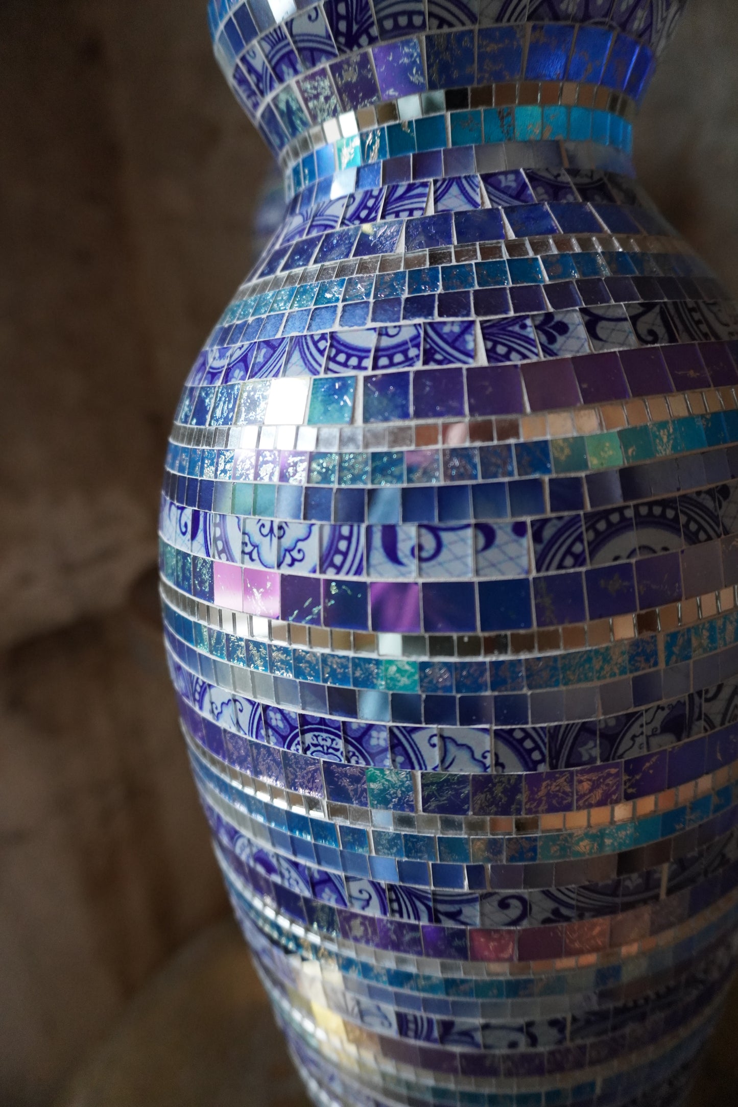 Glazen vaas, mozaïek - Blauw, 40cm x 12cm