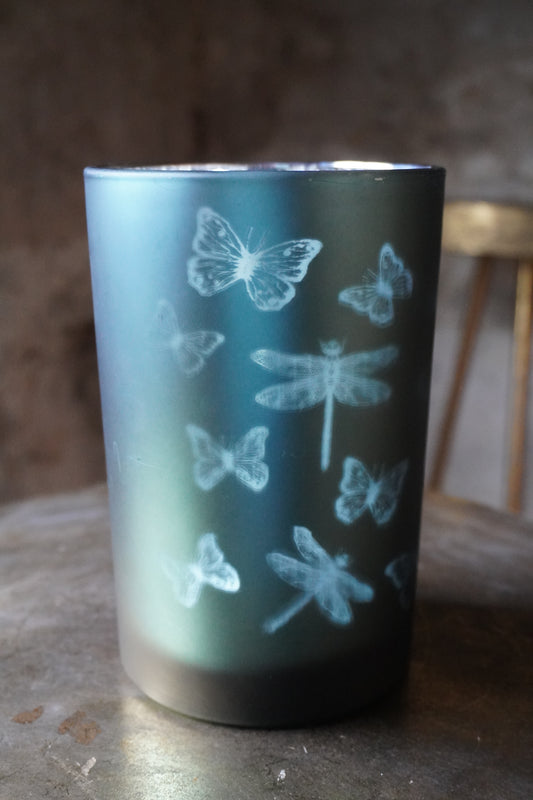 Glazen Windlicht - Libellen & Vlinders, 18cm x 11.5cm