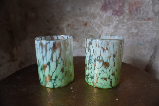 Glazen Windlicht - Groen met glitters, 11.5cm x 9cm