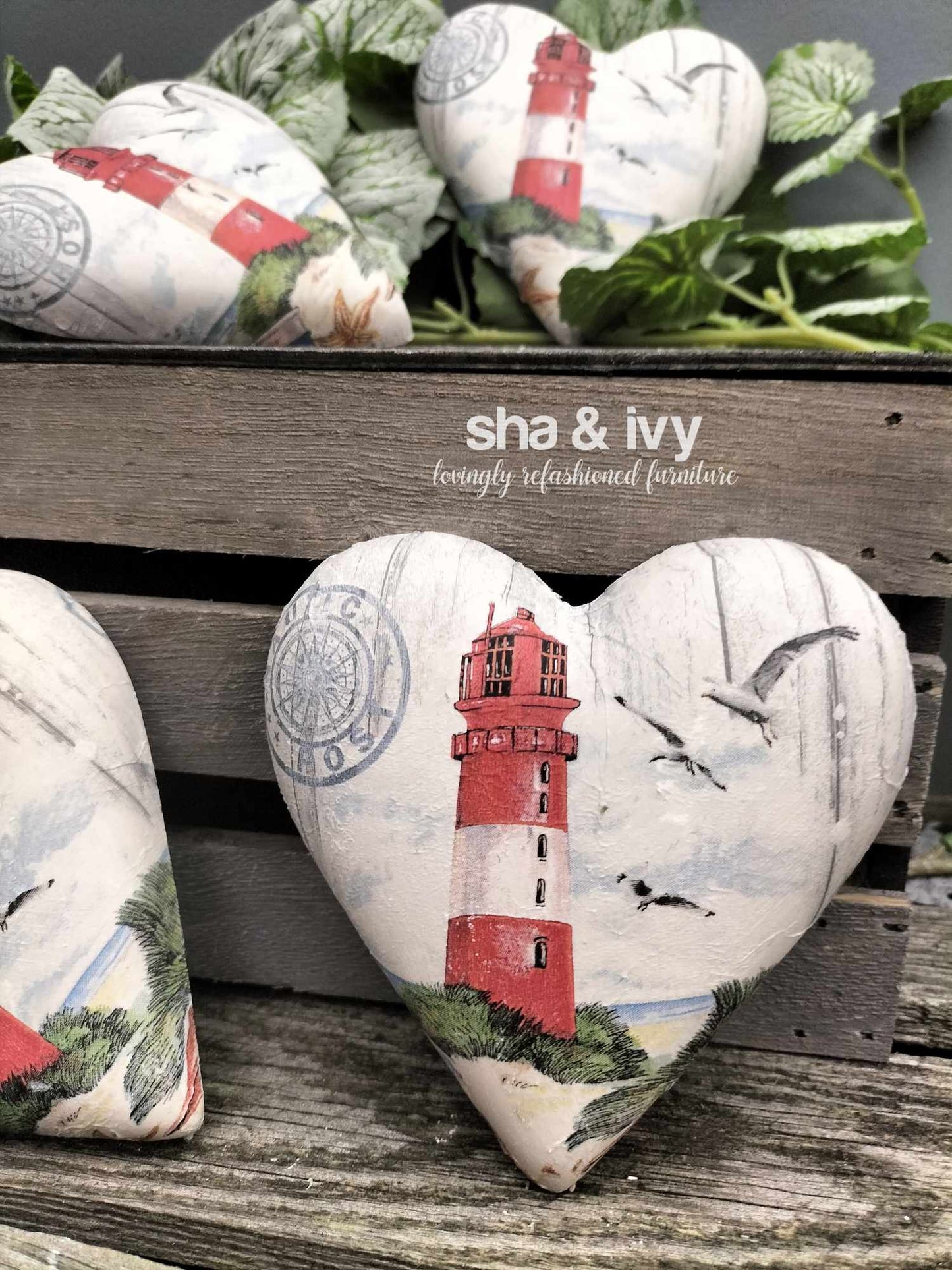 Decoupage hart - vuurtoren met meeuwen