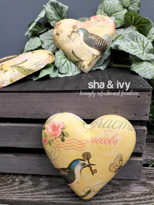 Decoupage hart - Vogel met sleutel