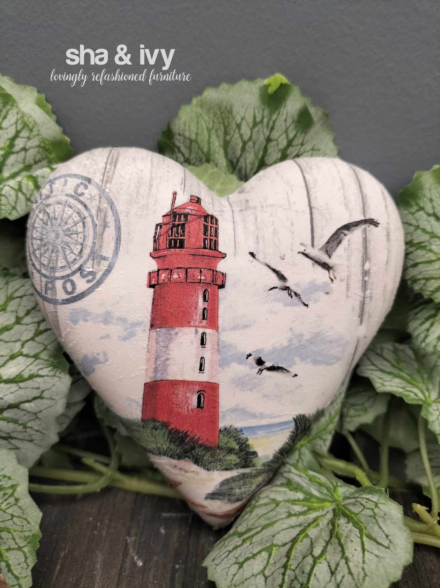 Decoupage hart - vuurtoren met meeuwen