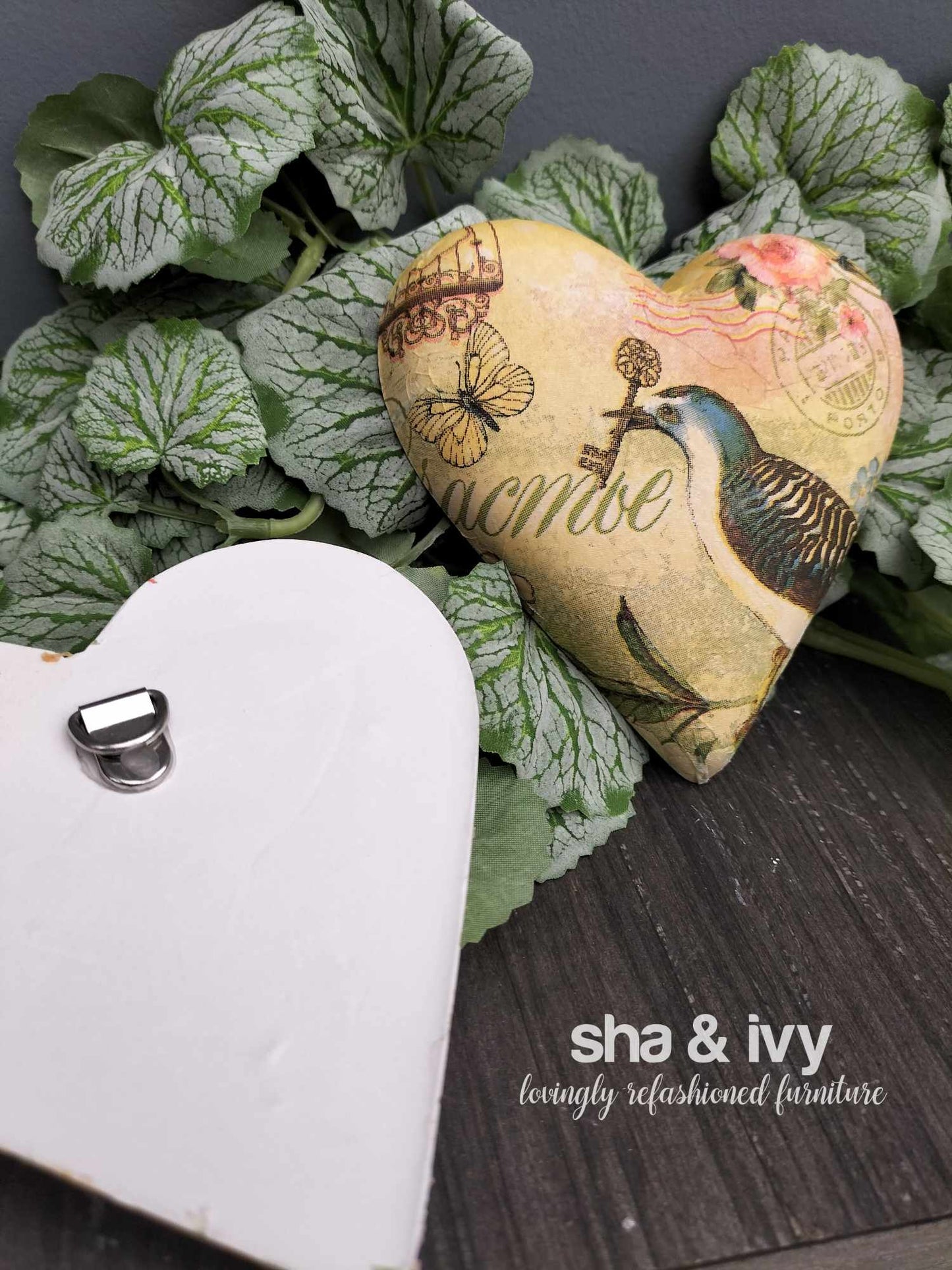 Decoupage hart - Vogel met sleutel