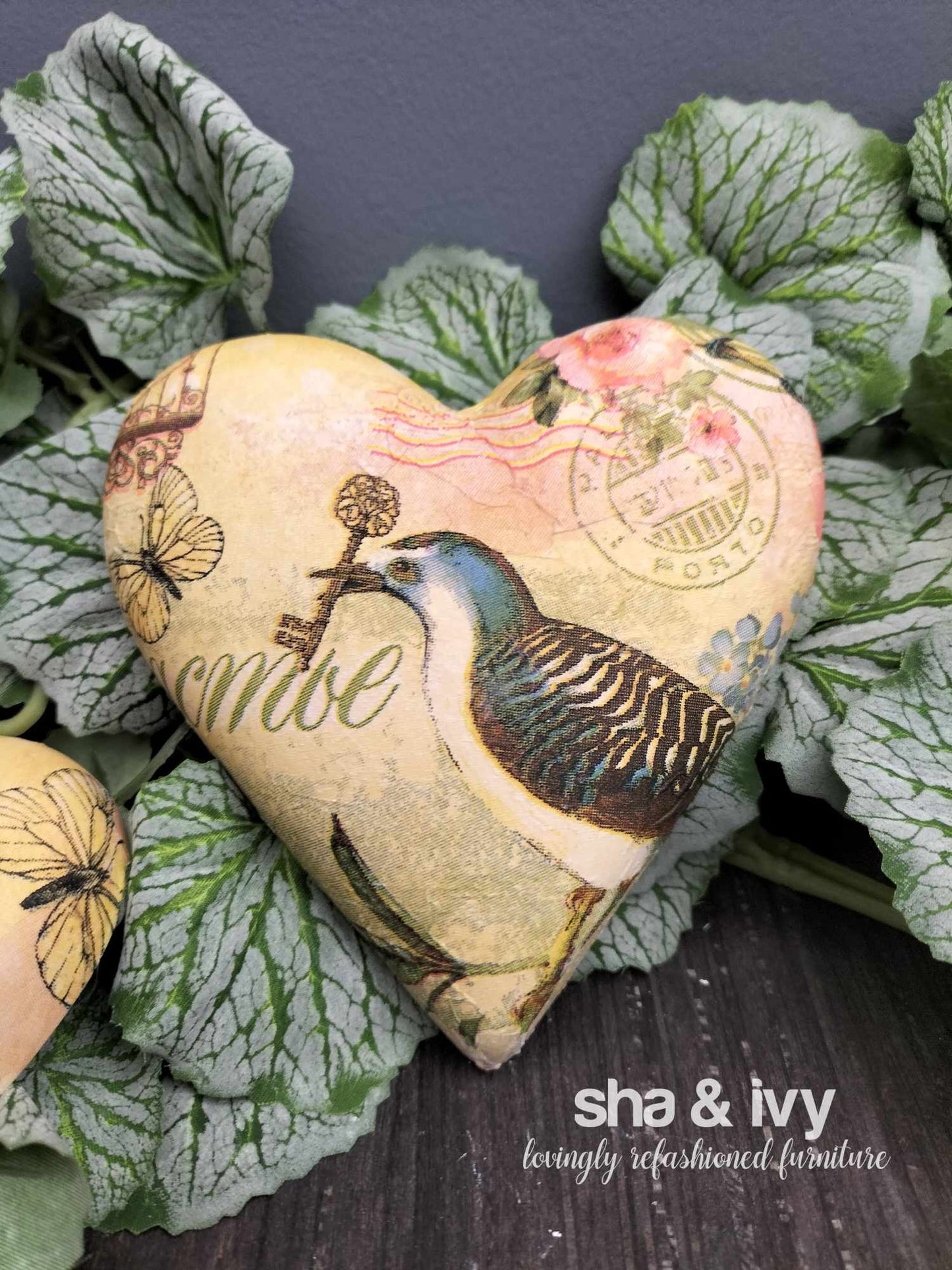 Decoupage hart - Vogel met sleutel