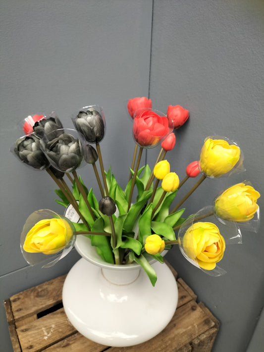 Real touch tulpen - 44cm, 7x, geel, zwart, rood