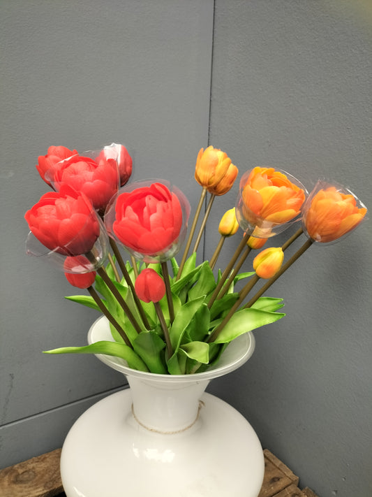 Real touch tulpen - 5x, 44cm, oranje & rood