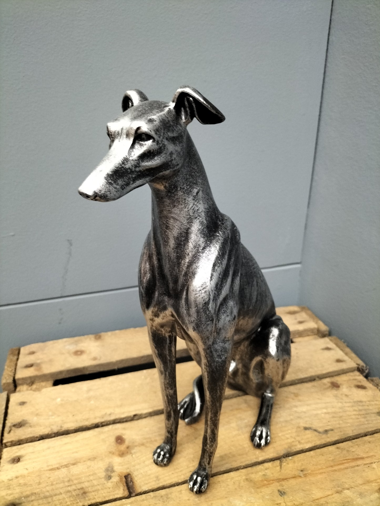 Hazewindhond/ whippet zittend - polyresin, 30cm